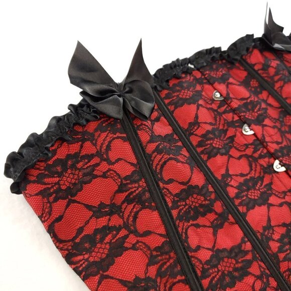 Red Black Corset Floral Lace Bows Boudoir Burlesque Lingerie Plus Size 5XL - Picture 3 of 12